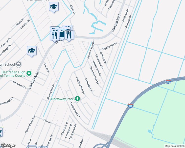 map of restaurants, bars, coffee shops, grocery stores, and more near 30c Brandon Hall Drive in Destrehan