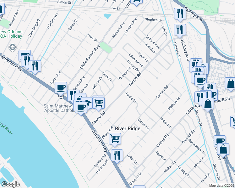map of restaurants, bars, coffee shops, grocery stores, and more near 194 Sauve Road in River Ridge
