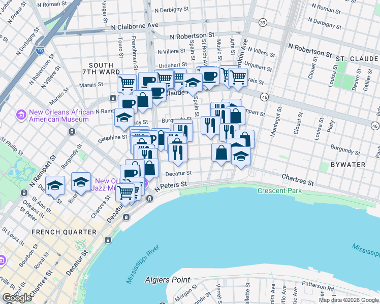 map of restaurants, bars, coffee shops, grocery stores, and more near 611 Mandeville Street in New Orleans