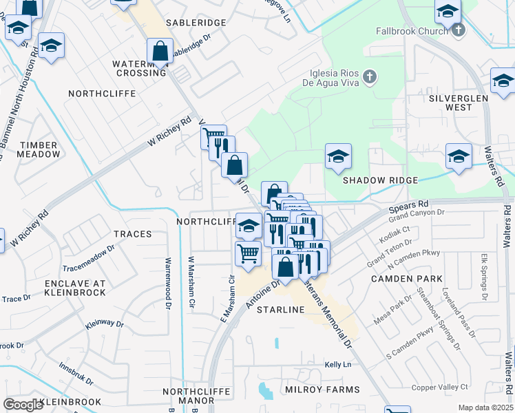 map of restaurants, bars, coffee shops, grocery stores, and more near Veterans Memorial Dr & Spears Rd in Houston