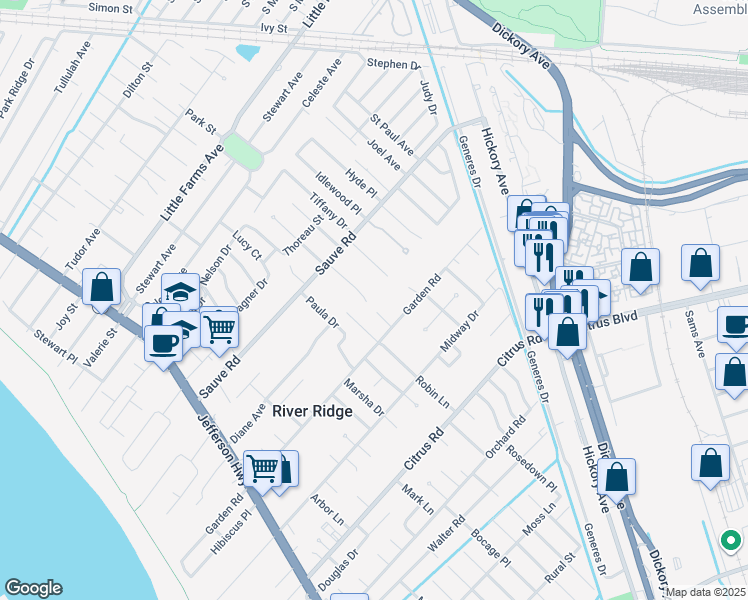 map of restaurants, bars, coffee shops, grocery stores, and more near 8 Kinder Lane in River Ridge