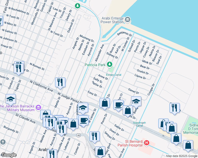map of restaurants, bars, coffee shops, grocery stores, and more near 7218 Sally Street in Arabi