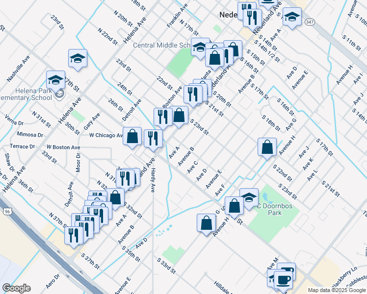 map of restaurants, bars, coffee shops, grocery stores, and more near 212 South 25th Street in Nederland
