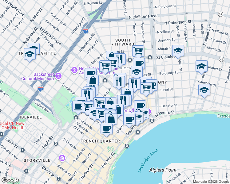 map of restaurants, bars, coffee shops, grocery stores, and more near 1219 Dauphine Street in New Orleans