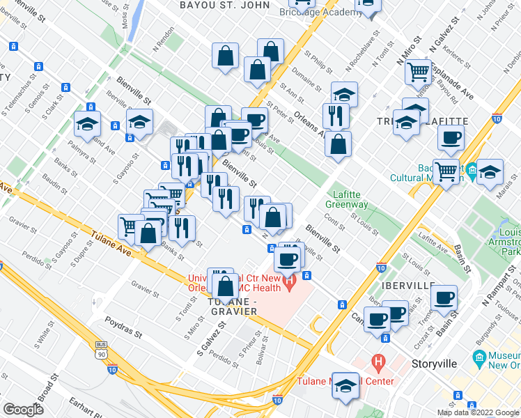map of restaurants, bars, coffee shops, grocery stores, and more near 2401 Iberville Street in New Orleans