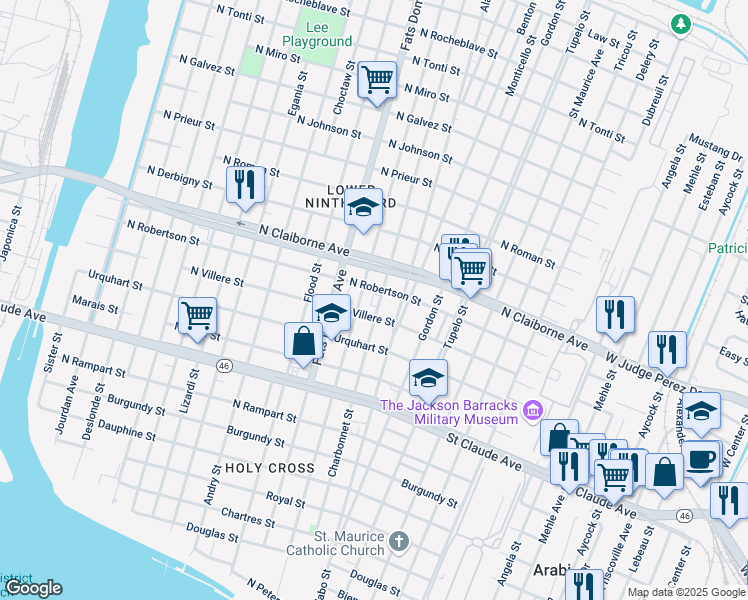 map of restaurants, bars, coffee shops, grocery stores, and more near 5701 North Villere Street in New Orleans