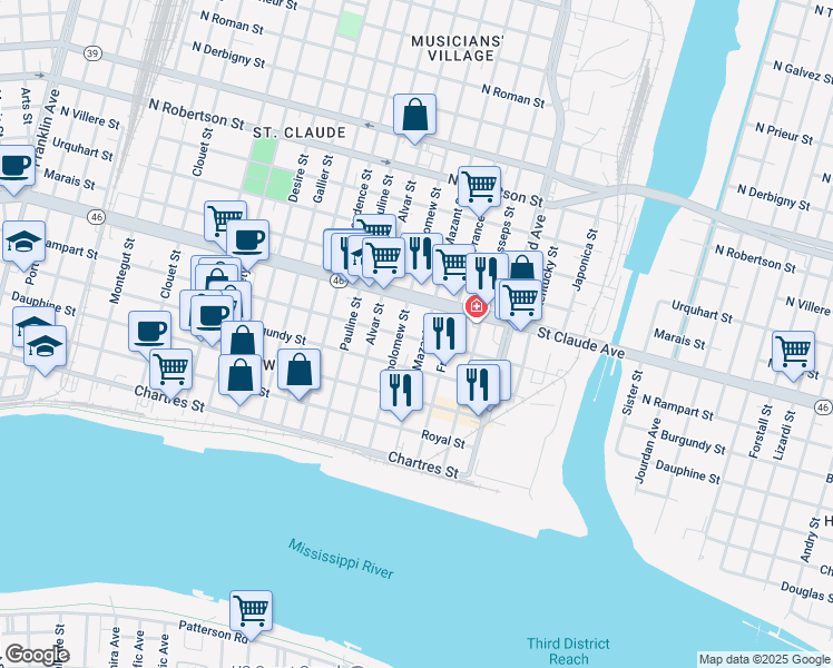 map of restaurants, bars, coffee shops, grocery stores, and more near 937 Mazant Street in New Orleans