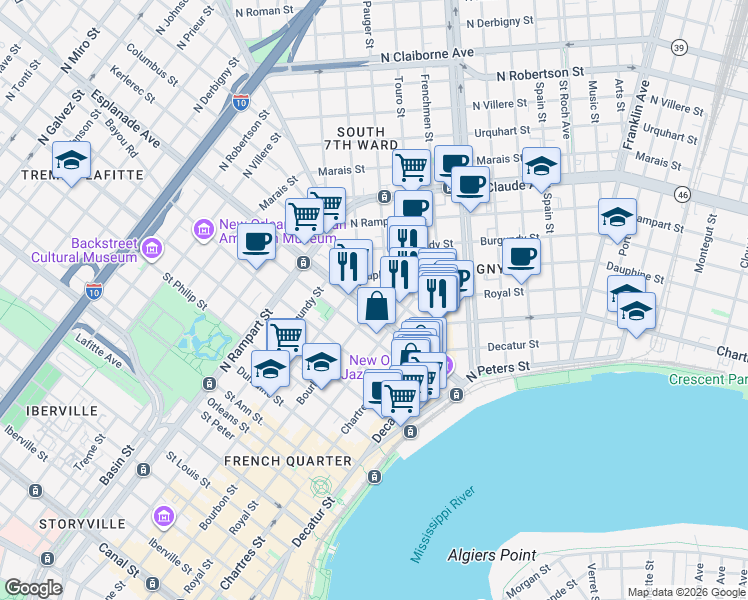map of restaurants, bars, coffee shops, grocery stores, and more near in New Orleans