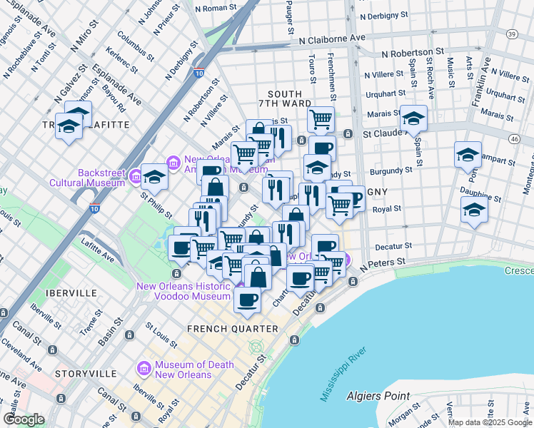 map of restaurants, bars, coffee shops, grocery stores, and more near 1219 Dauphine Street in New Orleans