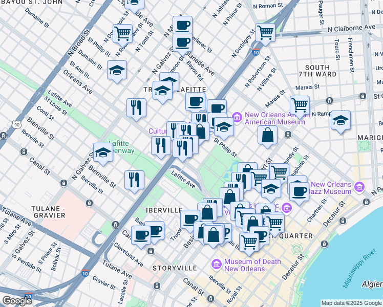 map of restaurants, bars, coffee shops, grocery stores, and more near 727 North Robertson Street in New Orleans
