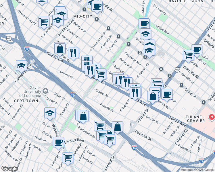map of restaurants, bars, coffee shops, grocery stores, and more near 3326 Tulane Avenue in New Orleans