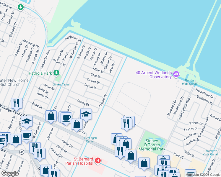 map of restaurants, bars, coffee shops, grocery stores, and more near 633 Cougar Drive in Arabi
