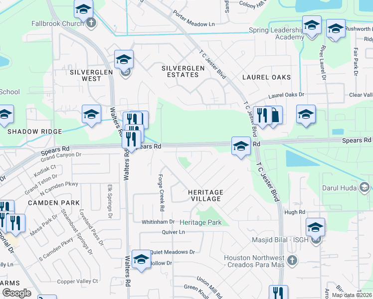 map of restaurants, bars, coffee shops, grocery stores, and more near 2535 Chestnut Mills Road in Houston