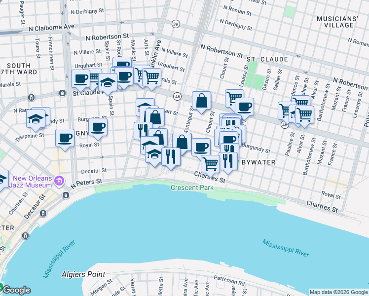 map of restaurants, bars, coffee shops, grocery stores, and more near 3027 Royal Street in New Orleans