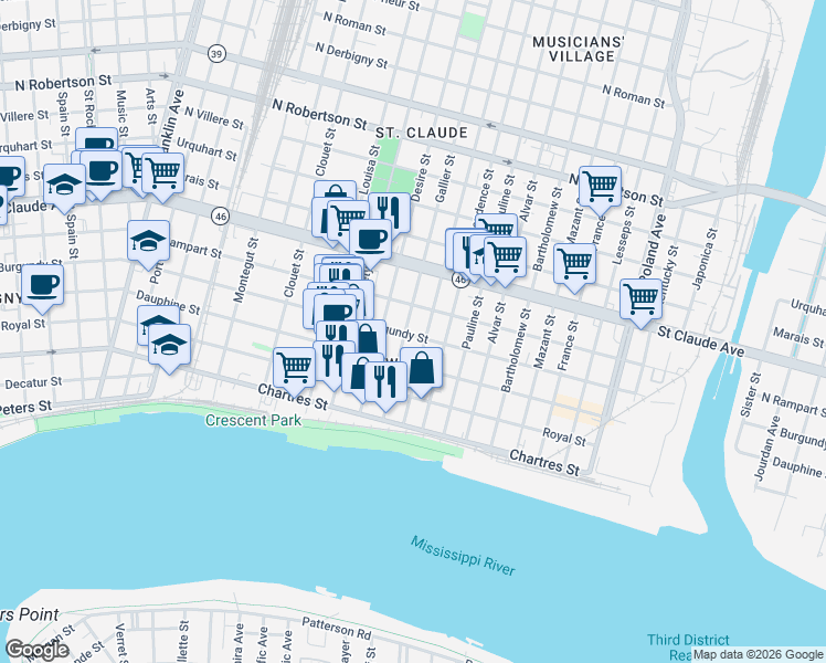 map of restaurants, bars, coffee shops, grocery stores, and more near in New Orleans