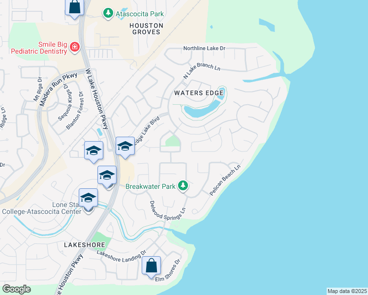 map of restaurants, bars, coffee shops, grocery stores, and more near 16602 Lake Prince Lane in Houston