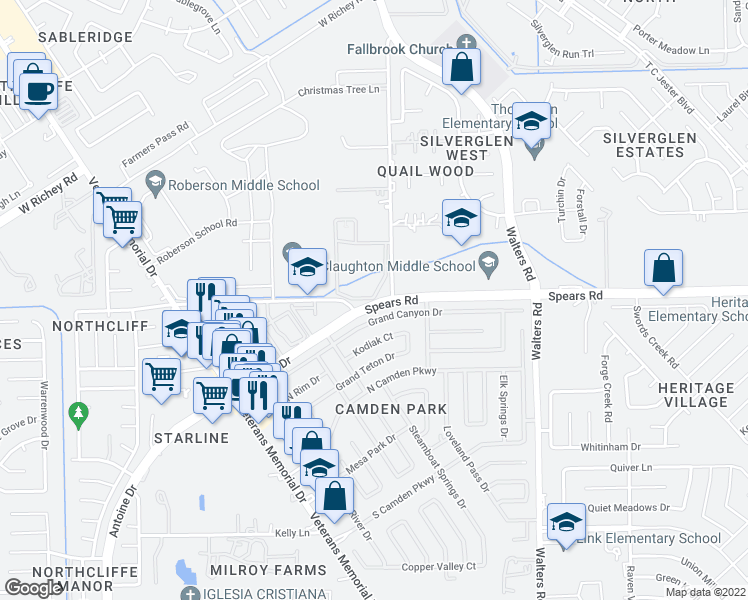 map of restaurants, bars, coffee shops, grocery stores, and more near 14397 Spears Road in Houston