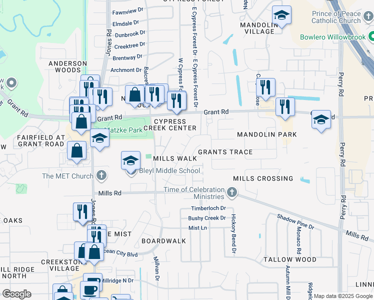 map of restaurants, bars, coffee shops, grocery stores, and more near 13027 Mills Bend Street in Houston