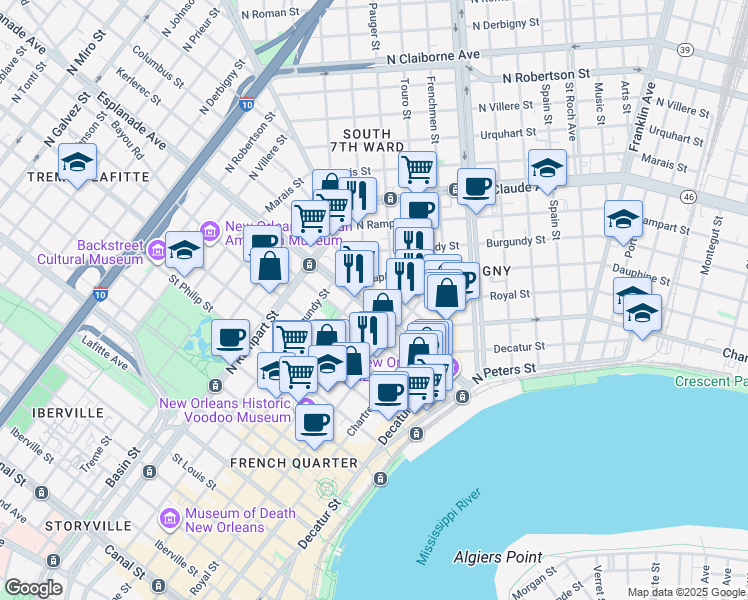 map of restaurants, bars, coffee shops, grocery stores, and more near in New Orleans