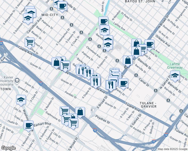 map of restaurants, bars, coffee shops, grocery stores, and more near in New Orleans