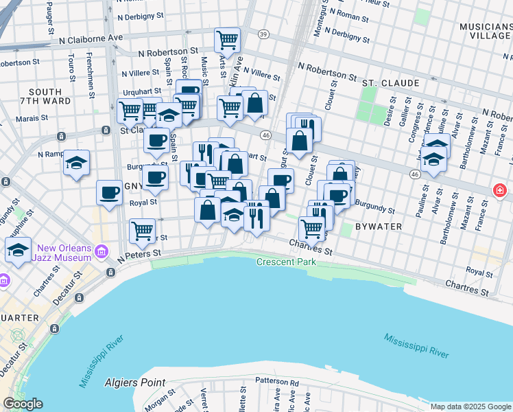 map of restaurants, bars, coffee shops, grocery stores, and more near 2940 Royal Street in New Orleans