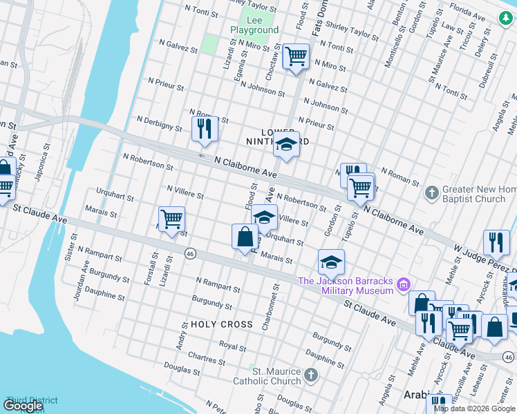 map of restaurants, bars, coffee shops, grocery stores, and more near 1340 Caffin Avenue in New Orleans