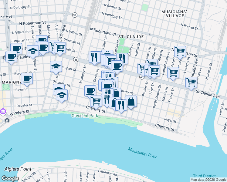 map of restaurants, bars, coffee shops, grocery stores, and more near 3319 Dauphine Street in New Orleans