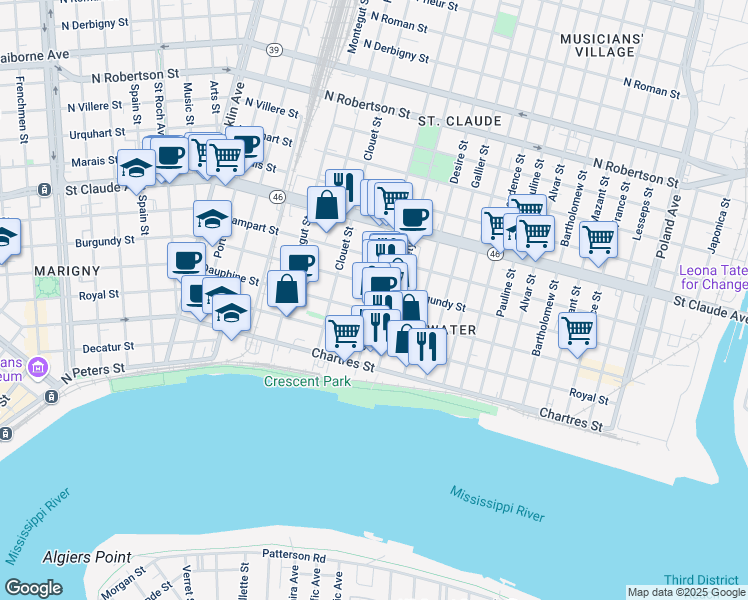 map of restaurants, bars, coffee shops, grocery stores, and more near 3162 Dauphine Street in New Orleans