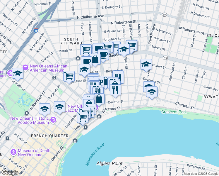map of restaurants, bars, coffee shops, grocery stores, and more near 610 Marigny Street in New Orleans