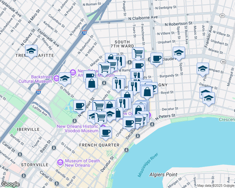 map of restaurants, bars, coffee shops, grocery stores, and more near in New Orleans