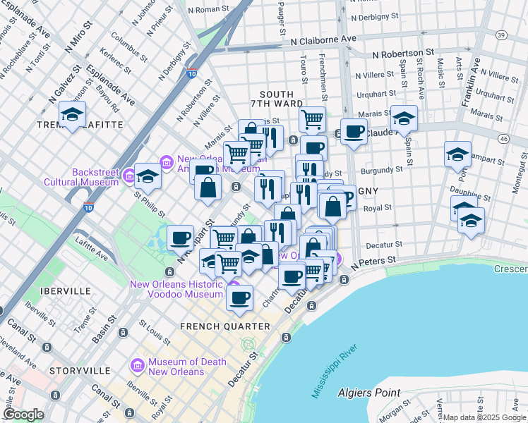 map of restaurants, bars, coffee shops, grocery stores, and more near in New Orleans