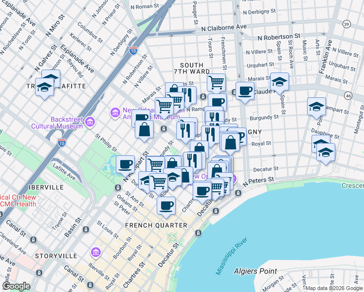 map of restaurants, bars, coffee shops, grocery stores, and more near in New Orleans