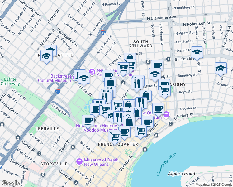 map of restaurants, bars, coffee shops, grocery stores, and more near 1024 Governor Nicholls Street in New Orleans