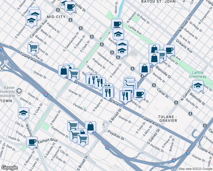 map of restaurants, bars, coffee shops, grocery stores, and more near 2919 Baudin Street in New Orleans