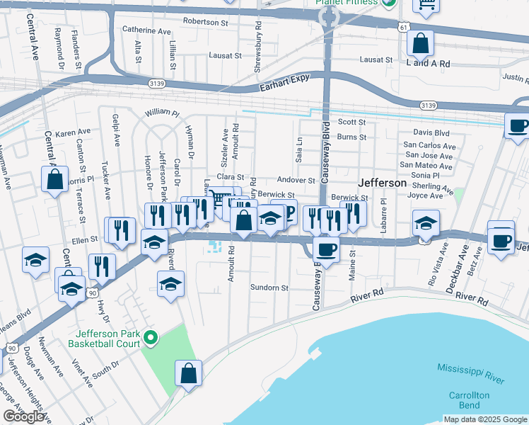 map of restaurants, bars, coffee shops, grocery stores, and more near 120 Rencopas Court in Jefferson