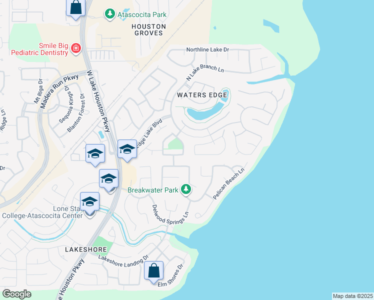 map of restaurants, bars, coffee shops, grocery stores, and more near 16602 Lake Prince Lane in Houston