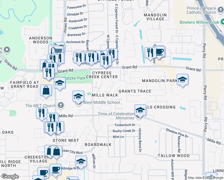 map of restaurants, bars, coffee shops, grocery stores, and more near 13027 Mills Bend Street in Houston