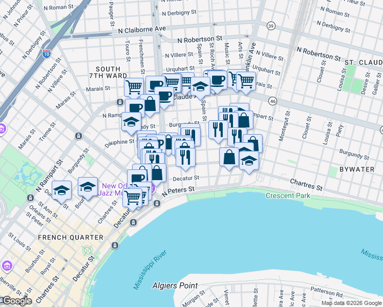 map of restaurants, bars, coffee shops, grocery stores, and more near 611 Mandeville Street in New Orleans