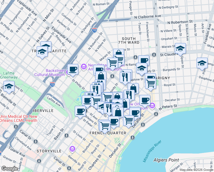 map of restaurants, bars, coffee shops, grocery stores, and more near in New Orleans