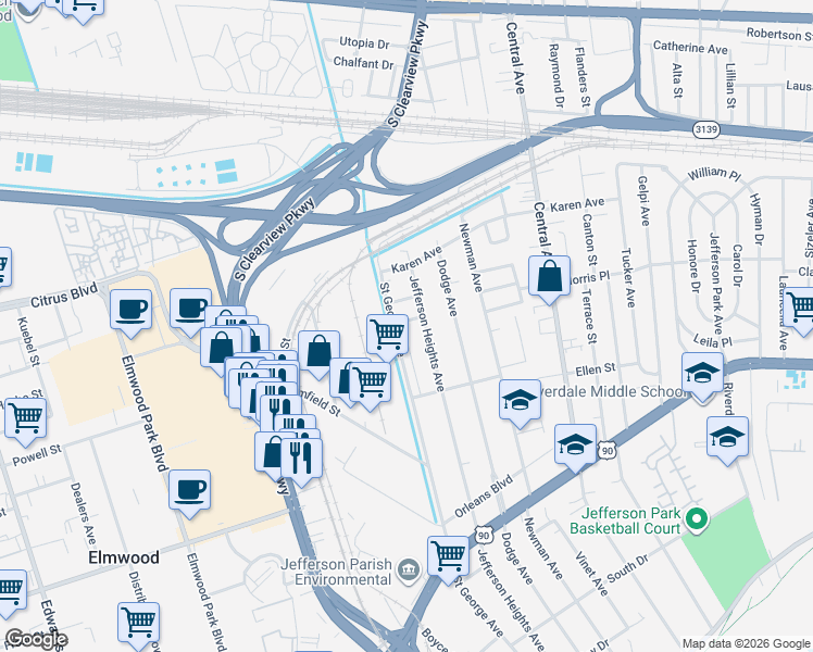 map of restaurants, bars, coffee shops, grocery stores, and more near 746 Pecan Grove Lane in New Orleans