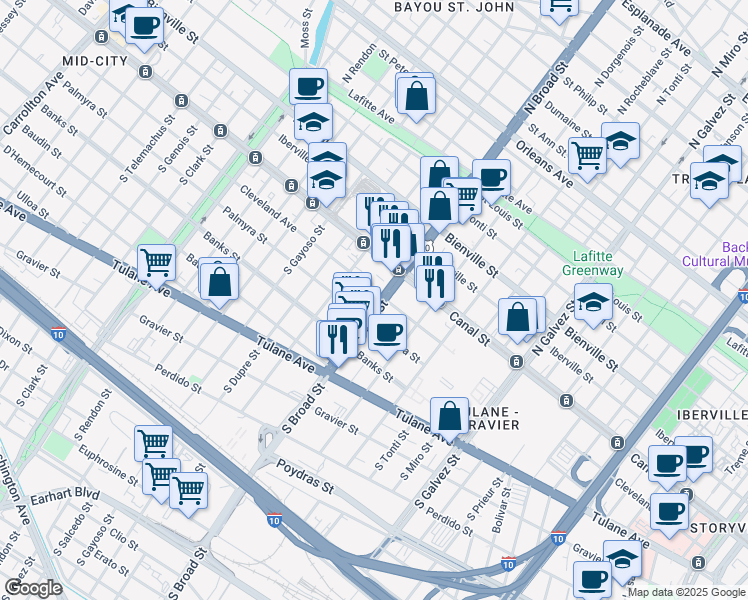 map of restaurants, bars, coffee shops, grocery stores, and more near in New Orleans