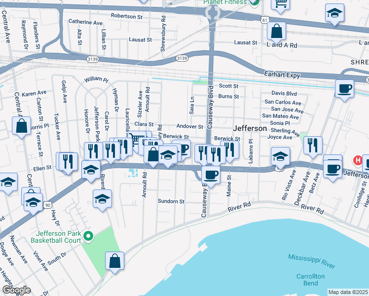 map of restaurants, bars, coffee shops, grocery stores, and more near 13 William Avenue in Jefferson