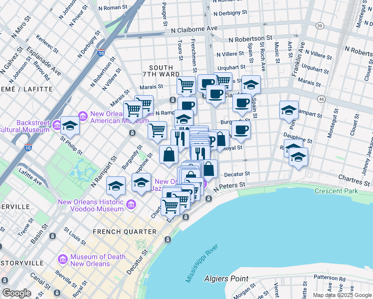 map of restaurants, bars, coffee shops, grocery stores, and more near 704 Touro Street in New Orleans