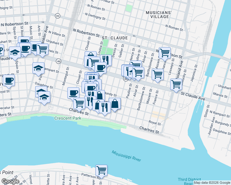 map of restaurants, bars, coffee shops, grocery stores, and more near 3614 Burgundy Street in New Orleans