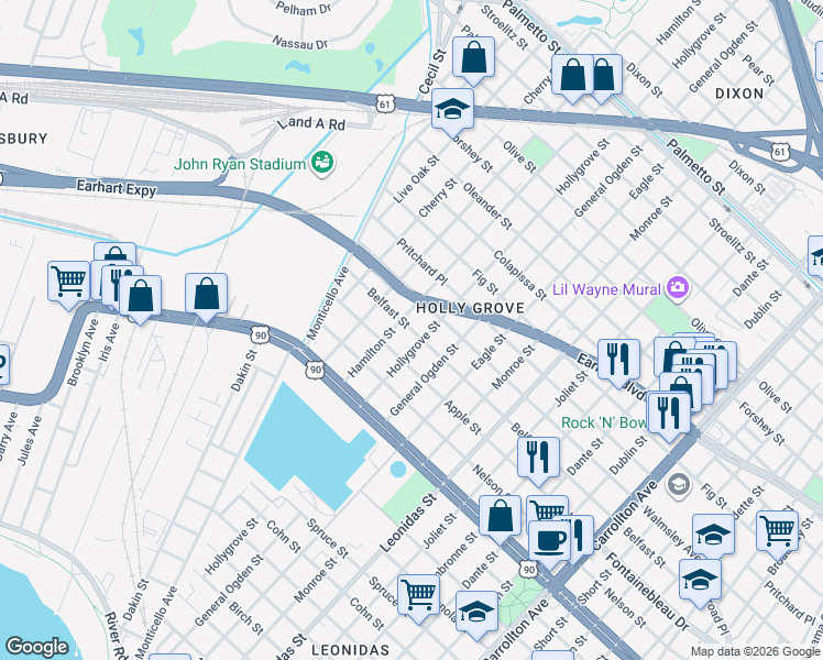 map of restaurants, bars, coffee shops, grocery stores, and more near 2614 Hollygrove Street in New Orleans
