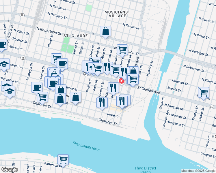 map of restaurants, bars, coffee shops, grocery stores, and more near 937 Mazant Street in New Orleans