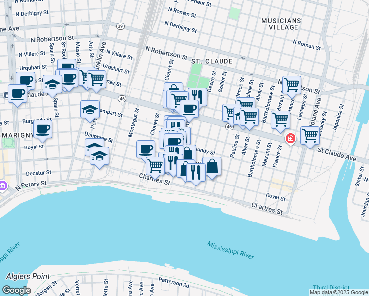 map of restaurants, bars, coffee shops, grocery stores, and more near 3319 Dauphine Street in New Orleans