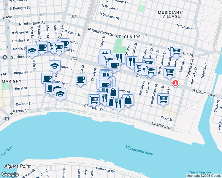 map of restaurants, bars, coffee shops, grocery stores, and more near 3319 Dauphine Street in New Orleans