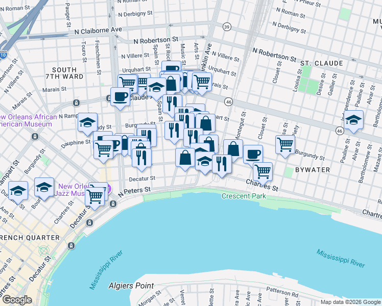 map of restaurants, bars, coffee shops, grocery stores, and more near 2623 Chartres Street in New Orleans
