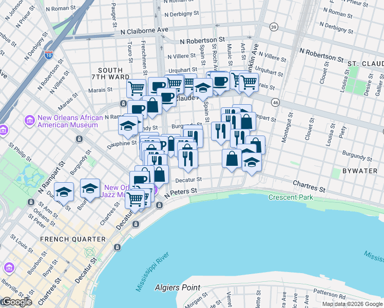 map of restaurants, bars, coffee shops, grocery stores, and more near 611 Mandeville Street in New Orleans